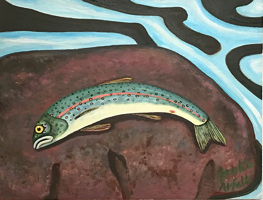 Amalia Årfelt, Död fisk på klippa, olja på pannå, 35x45 cm cm, 7500 SEK