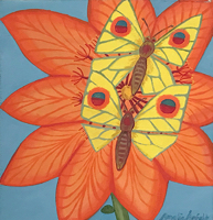 Amalia Årfelt, Fjärilar i blomman, olja på pannå, 40x38 cm, 7500 SEK