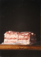 Anders Gudmundson, 401 gram rimat sidfläsk, olja på pannå, 22x16 cm, 10 000 kr